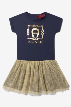 Aigner Girls Cotton And Tulle Logo Dress