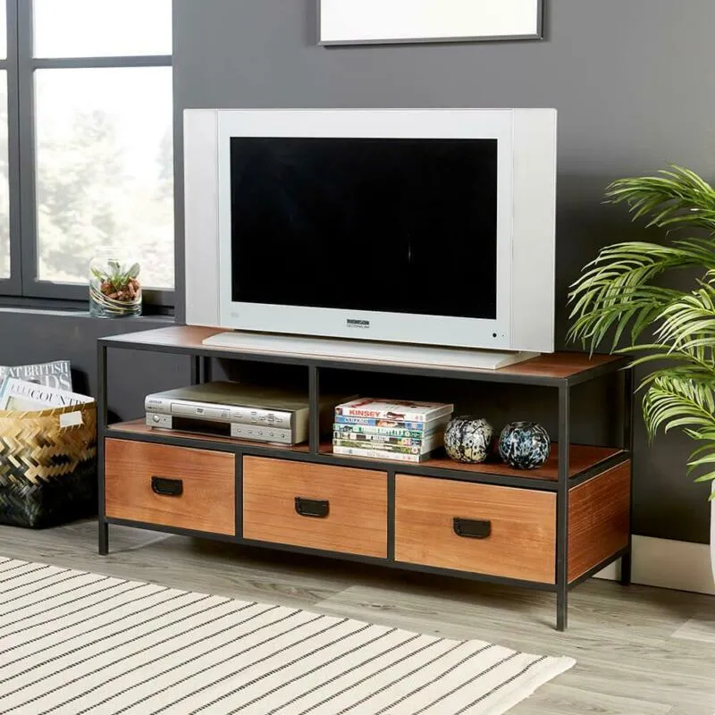 Black Frame Solid Wood 3 Drawer TV Cabinet