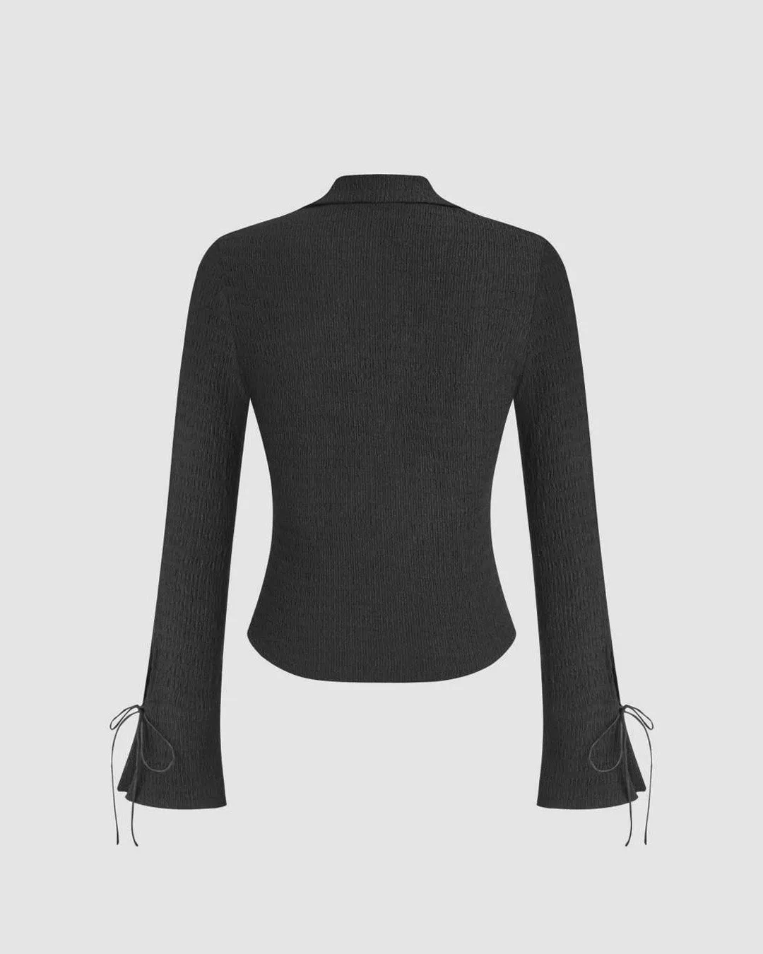 Collar Solid Shirred Bowknot Bell Sleeve Black Top