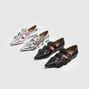 Handmade Leather Punk Style Point Toe Flats in Black/Silver