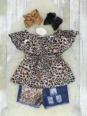 Leopard Off The Shoulder Top & Denim Sequin Shorts Outfit