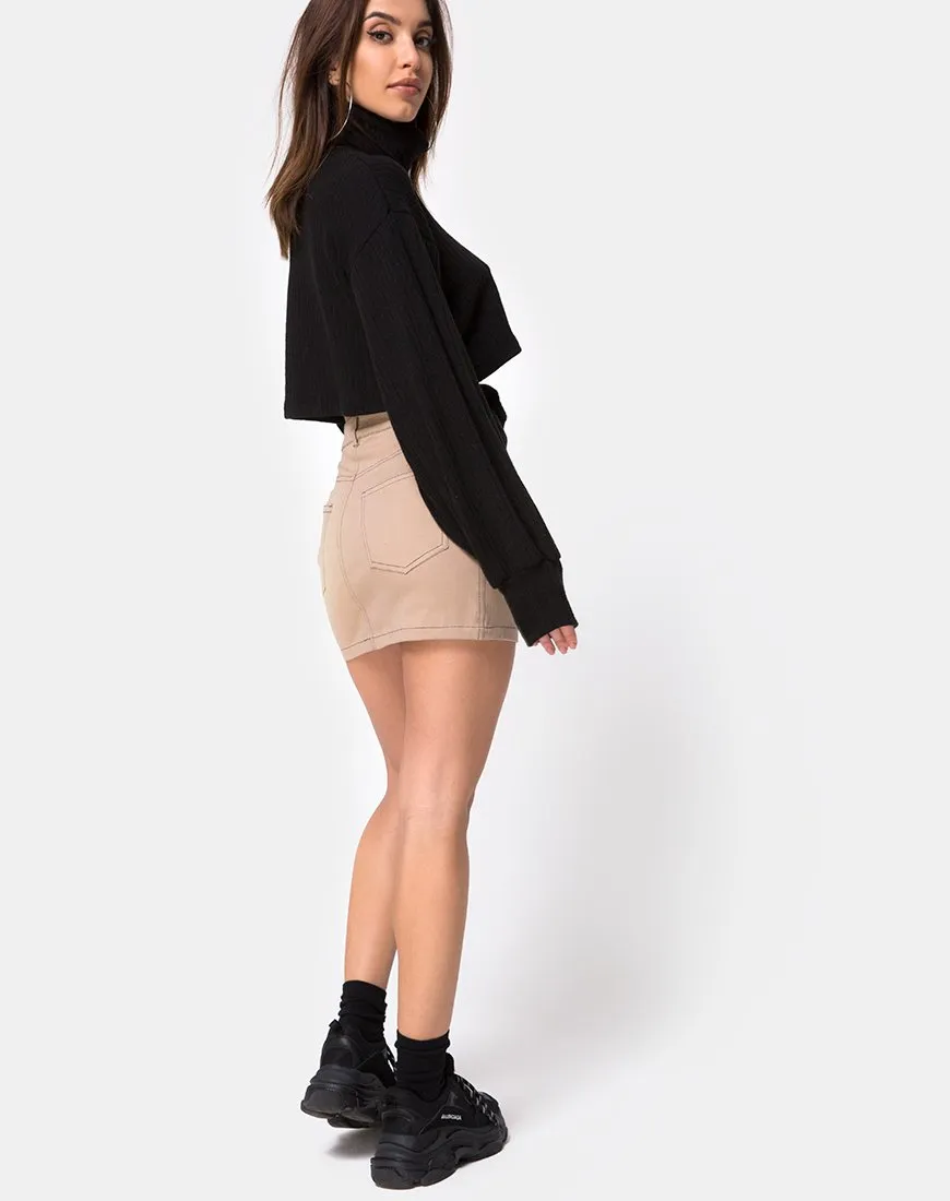 Mini Broomy Skirt in Tan with Black Stitch