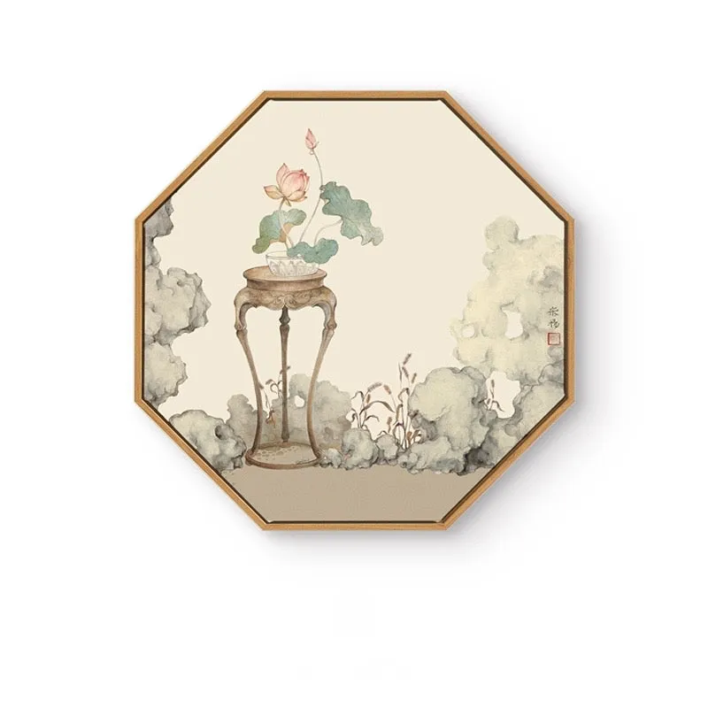 Oriental Hexagon Wall Art With Wood Frame