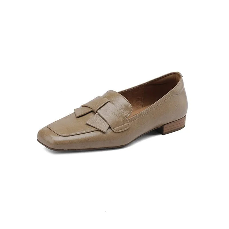 Retro Leather Bowknot Loafers for Women Square Toe in Coffee/Apricot