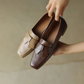 Retro Leather Bowknot Loafers for Women Square Toe in Coffee/Apricot