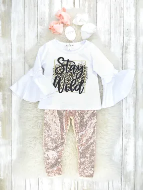 Stay Wild Leopard Bell Sleeve Top & Gold Sequin Joggers Outfit