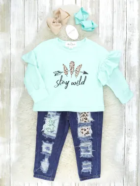 Stay Wild Leopard Ruffle Top & Distressed Sequin Denim Outfit