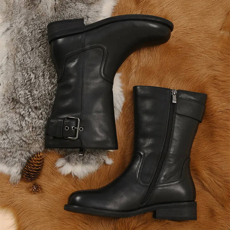 Womens Retro Leather Mid Calf Boots for Cold Winter classic Martin boots Black Short Plush Lining