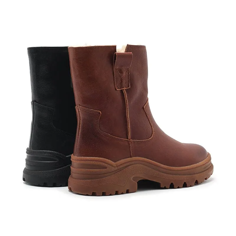 Womens Shearling Lined Snow Boots for Cold Winter Retro Leather Short Boots in Black/Brown